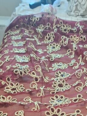 Embroidered Maroon Decorative Throw with Gold Floral Trim